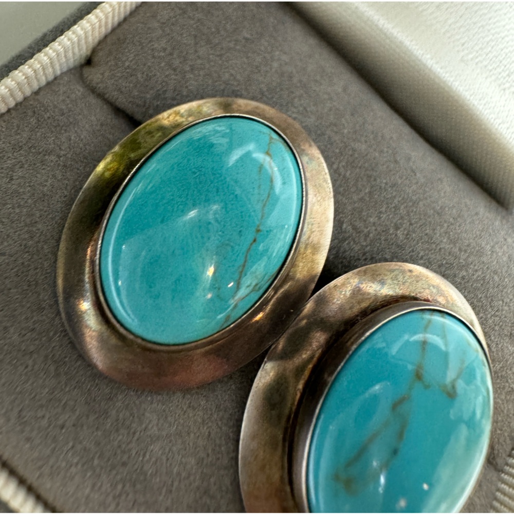 ❌SOLD❌ Vintage Handmade Large Turquoise Stud Earrings Solid 925 Sterling Silver - Picture 15 of 15